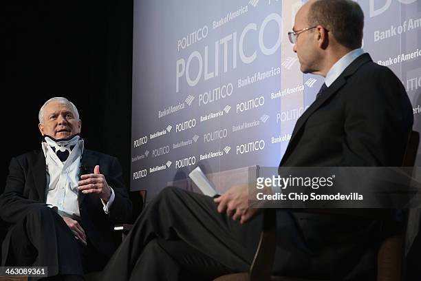 Former US Secretary of Defense Robert Gates discusses his new book, "Duty" with Politico's Mike Allen at the Mayflower Renaissance Hotel on January...