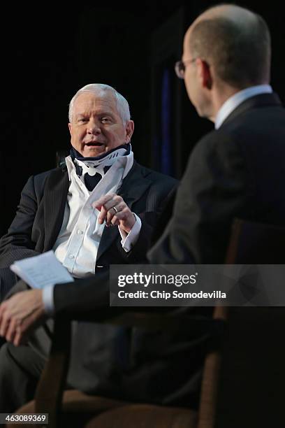 Former US Secretary of Defense Robert Gates discusses his new book, "Duty" with Politico's Mike Allen at the Mayflower Renaissance Hotel on January...