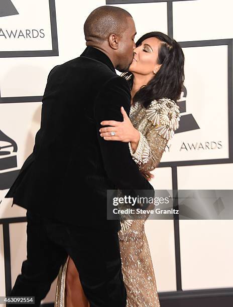 Kaneye West and Kim Kardashian arrives at the The 57th Annual GRAMMY Awards on February 8, 2015 in Los Angeles, California.