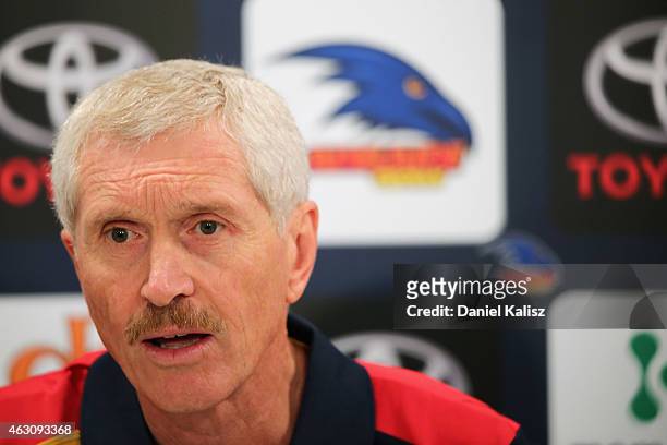 Adelaide Crows club doctor Andrew Potter speaks to the media, giving an update on the condition of Brent Reilly at West Lakes on February 10, 2015 in...