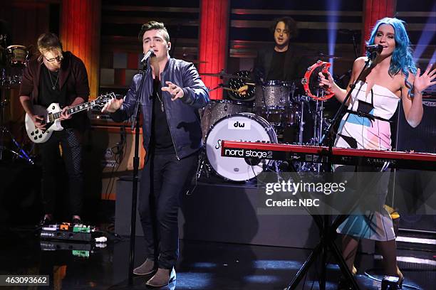 Episode 0206 -- Pictured: Michael Butler, George Sheppard, Dean Gordon and Amy Sheppard of musical guest Sheppard perform with The Roots on February...