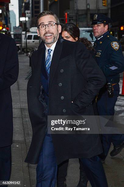 Actor Steve Carell enters the "Late Show With David Letterman" taping at the Ed Sullivan Theater on February 9, 2015 in New York City.