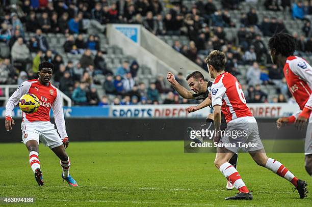 Adam Armstrong of Newcastle Strikes the ball during the U21 Barclays Premier League match between Newcastle United and Arsenal at St. James' Park on...