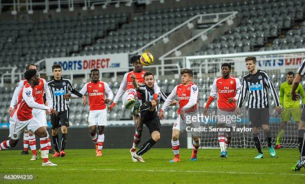 Adam Armstrong of Newcastle is challenged by George Dobson and Stefan O'Connor of Arsenal during the U21 Barclays Premier League match between...