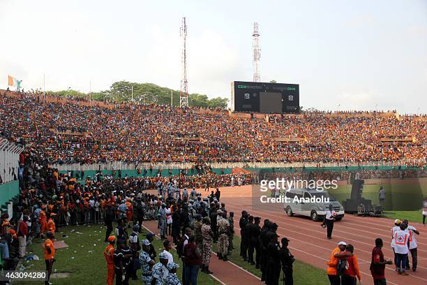 Supporters of Ivory Coast's national football team gather at the Municipal stadium during a welcoming ceremony in Abidjan, Ivory Coast on February 9,...
