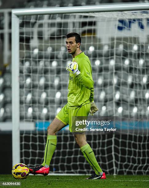 Arsenal goalkeeper Dejan Iliev controls the ball during the U21 Barclays Premier League match between Newcastle United and Arsenal at St. James' Park...