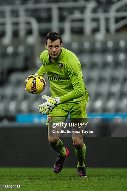 Arsenal goalkeeper Dejan Iliev carries the ball during the U21 Barclays Premier League match between Newcastle United and Arsenal at St. James' Park...