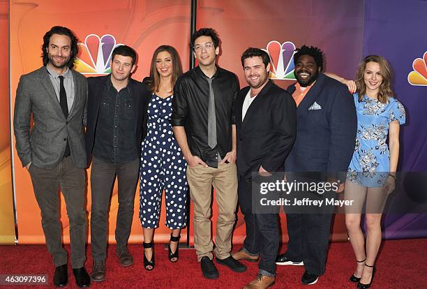 Actors Chris D'Elia, Brent Mori, Bianca Kajlich, Rick Glassman, David Flynn, Ron Funches and Bridgit Mendler attend the NBCUniversal 2015 Press Tour...