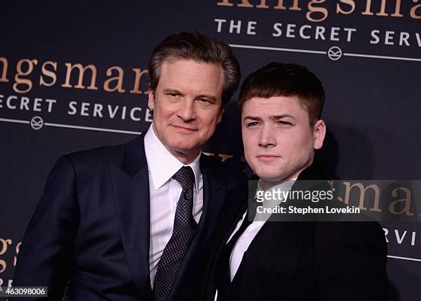 Colin Firth and Taron Egerton attend "Kingsman: The Secret Service" New York Premiere at SVA Theater on February 9, 2015 in New York City.