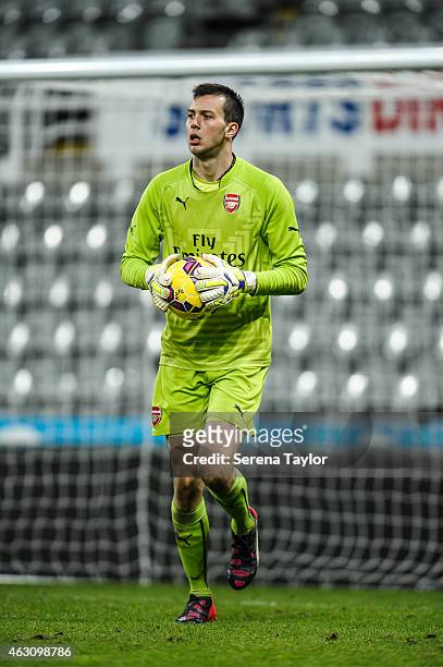 Arsenal goalkeeper Dejan Iliev runs with the ball during the U21 Barclays Premier League match between Newcastle United and Arsenal at St. James'...