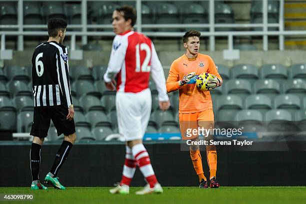 Newcastle goalkeeper Freddie Woodman holds the ball during the U21 Barclays Premier League match between Newcastle United and Arsenal at St. James'...
