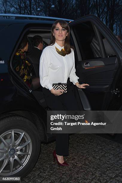 Natalia Avelon arrives at the Marc Cain show during Mercedes-Benz Fashion Week Autumn/Winter 2014/15 at Brandenburg Gate on January 16, 2014 in...