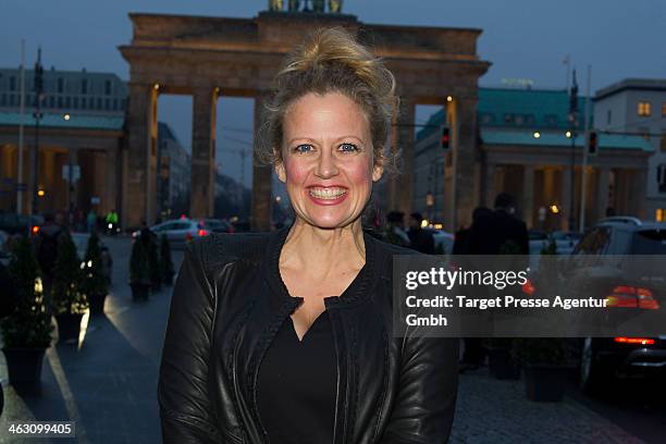 Barbara Schoeneberger arrives at the Marc Cain show during Mercedes-Benz Fashion Week Autumn/Winter 2014/15 at Brandenburg Gate on January 16, 2014...