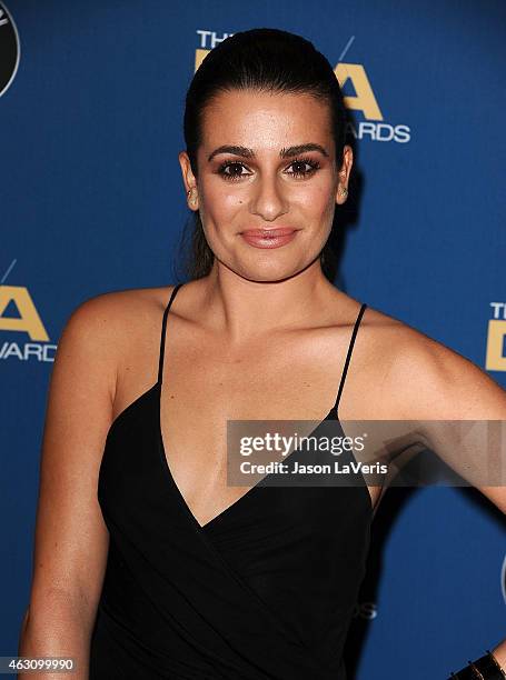 Actress Lea Michele poses in the press room at the 67th annual Directors Guild of America Awards at the Hyatt Regency Century Plaza on February 7,...