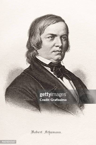 engraving of composer robert schumann 1870 - robert schumann stock illustrations
