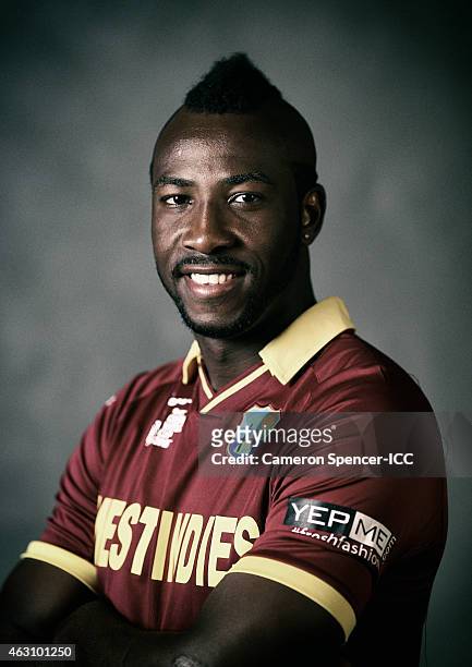 Andre Russell of the West Indies poses during the West Indies 2015 ICC Cricket World Cup Headshots Session at the Intercontinental on February 8,...