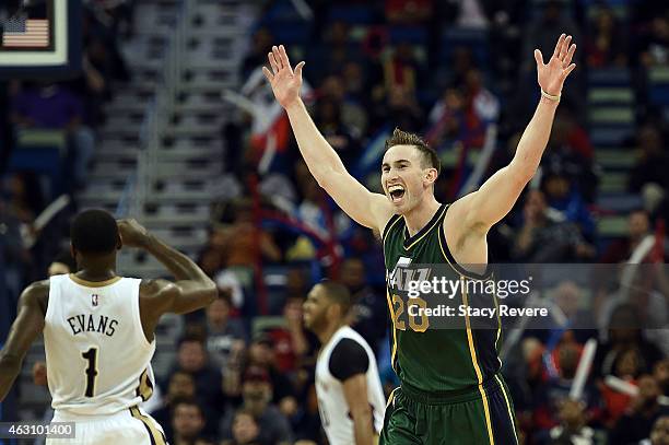 Gordon Hayward of the Utah Jazz reacts to a three point shot during the second half of a game against the New Orleans Pelicans at the Smoothie King...