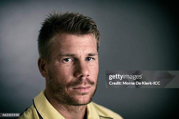 David Warner of Australia poses during the Australia 2015 ICC Cricket World Cup Headshots Session at the Intercontinental on February 7, 2015 in...