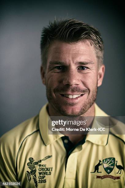 David Warner of Australia poses during the Australia 2015 ICC Cricket World Cup Headshots Session at the Intercontinental on February 7, 2015 in...