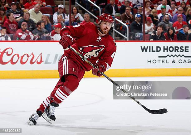 Alex Bolduc of the Arizona Coyotes during the NHL game against the Detroit Red Wings at Gila River Arena on February 7, 2015 in Glendale, Arizona....