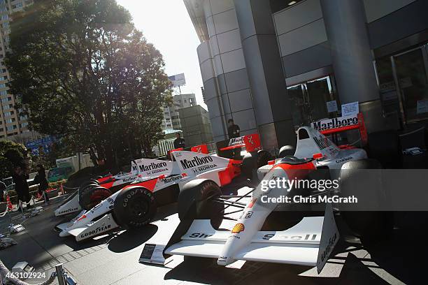 Historical Honda F1 cars are displayed in front of the Honda Motor Co. Headquarters on February 10, 2015 in Tokyo, Japan. Honda Motor Co., Ltd. Will...