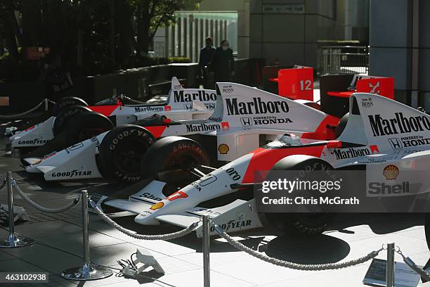 Historical Honda F1 cars are displayed in front of the Honda Motor Co. Headquarters on February 10, 2015 in Tokyo, Japan. Honda Motor Co., Ltd. Will...