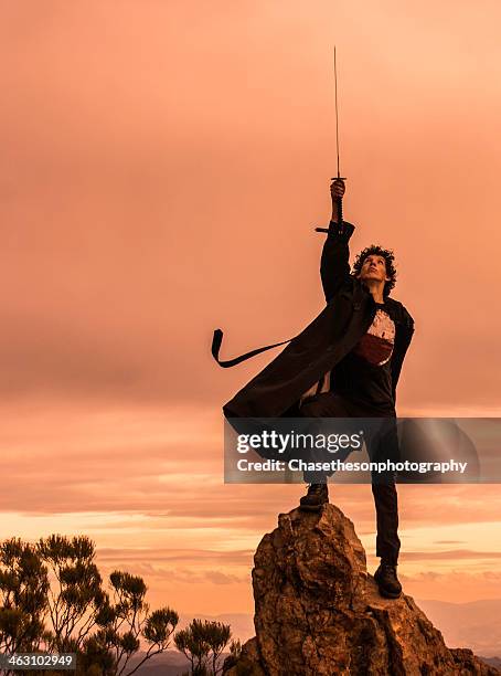 man with sword on top of a mountain peak - holding sword stock pictures, royalty-free photos & images