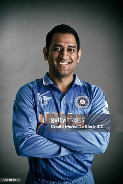 Dhoni of India poses during the India 2015 ICC Cricket World Cup Headshots Session at the Intercontinental on February 7, 2015 in Adelaide, Australia.