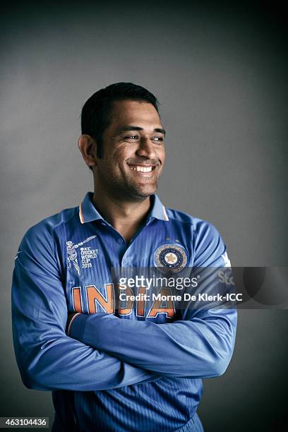 Dhoni of India poses during the India 2015 ICC Cricket World Cup Headshots Session at the Intercontinental on February 7, 2015 in Adelaide, Australia.