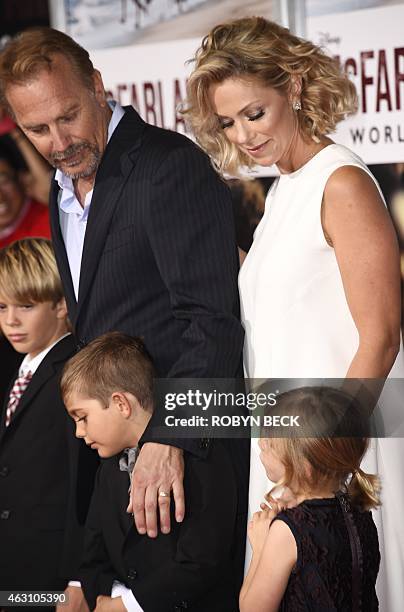 Actors Kevin Costner and Christine Baumgartner and their children Hayes Logan Costner , Cayden Wyatt Costner and Grace Avery Costner attend the world...