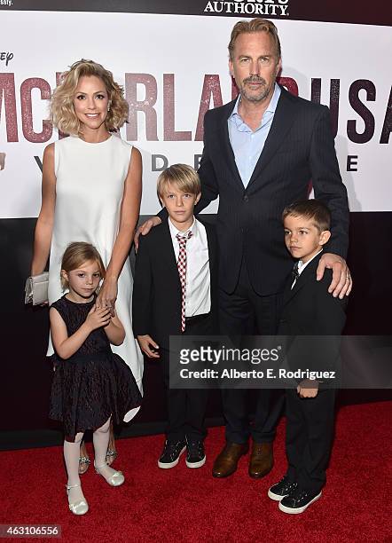 Actor Kevin Costner and Christine Baumgartner with their children attend the world premiere of "McFarland, USA" at The El Capitan Theatre on February...