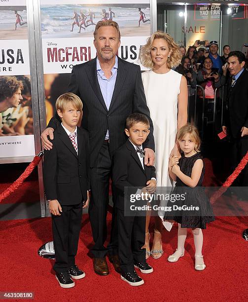 Actor Kevin Costner, wife Christine Baumgartner and children Grace Avery Costner, Hayes Logan Costner and Cayden Wyatt Costner arrive at the World...