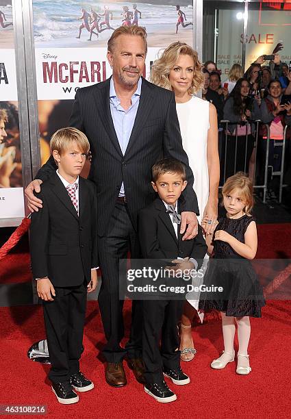 Actor Kevin Costner, wife Christine Baumgartner and children Grace Avery Costner, Hayes Logan Costner and Cayden Wyatt Costner arrive at the World...