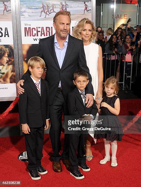 Actor Kevin Costner, wife Christine Baumgartner and children Grace Avery Costner, Hayes Logan Costner and Cayden Wyatt Costner arrive at the World...