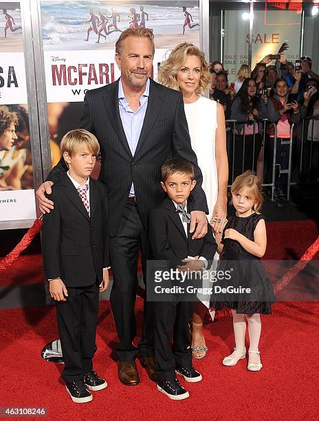 Actor Kevin Costner, wife Christine Baumgartner and children Grace Avery Costner, Hayes Logan Costner and Cayden Wyatt Costner arrive at the World...