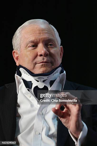 Former US Secretary of Defense Robert Gates discusses his new book, "Duty" during an event sponsored by Politico at the Mayflower Renaissance Hotel...