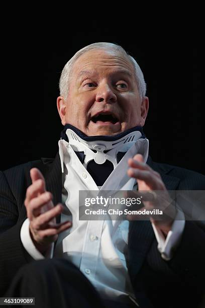 Former US Secretary of Defense Robert Gates discusses his new book, "Duty" during an event sponsored by Politico at the Mayflower Renaissance Hotel...