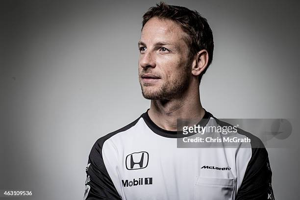 McLaren-Honda driver Jenson Button poses for photographs in a portrait session at the Honda Motor Co. Headquarters on February 10, 2015 in Tokyo,...