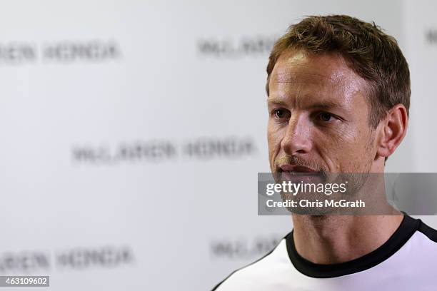 McLaren-Honda driver Jenson Button is interviewed at the Honda Motor Co. Headquarters on February 10, 2015 in Tokyo, Japan. Honda Motor Co., Ltd....