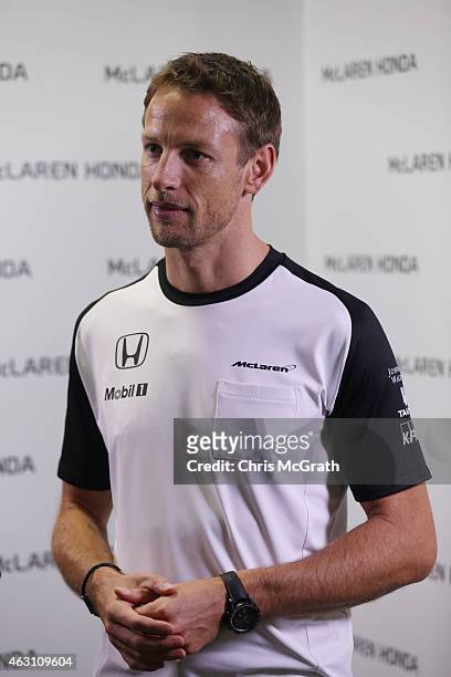 McLaren-Honda driver Jenson Button is interviewed at the Honda Motor Co. Headquarters on February 10, 2015 in Tokyo, Japan. Honda Motor Co., Ltd....