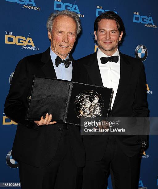 Director Clint Eastwood and actor Bradley Cooper pose in the press room at the 67th annual Directors Guild of America Awards at the Hyatt Regency...