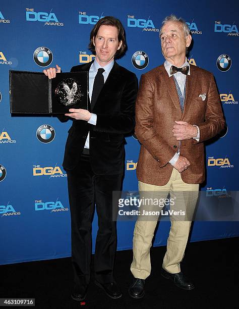 Director Wes Anderson and actor Bill Murray pose in the press room at the 67th annual Directors Guild of America Awards at the Hyatt Regency Century...