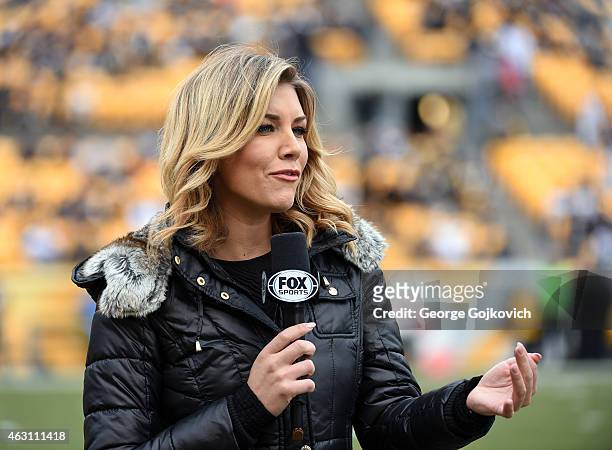 Fox Sports NFL sideline reporter Charissa Thompson reports from the sideline before a game between the New Orleans Saints and Pittsburgh Steelers at...