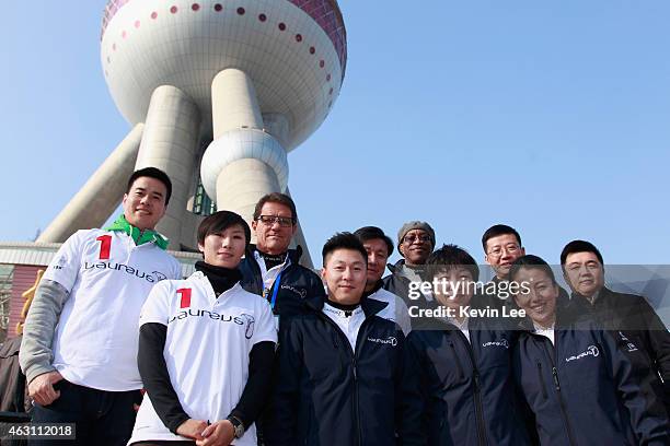 Laureus Ambassador Fabio Capello, Li Xiao Ping, Laureus Academy Chairman Edwin Moses, Sun Wen, and Yang Yang pose for a picture in front of Oriental...