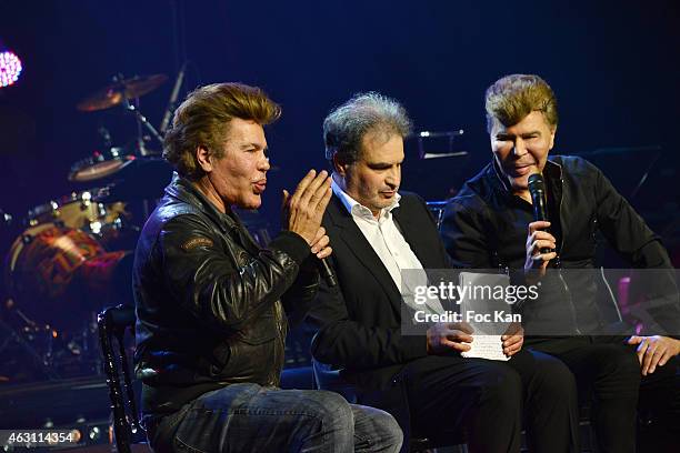 Igor Bogdanov, Raphael Mizrahi and Grichka Bogdanov attend 'La 3eme Nuit De La Deprime 2015 ' At Folies Bergeres on February 9, 2015 in Paris, France.