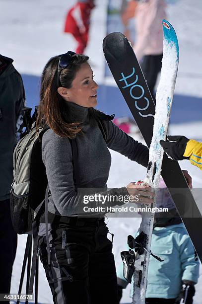 Princess Marie of Denmark attends the Danish Royal family annual skiing photocall whilst on holiday on February 10, 2015 in Col-de-Bretaye near...