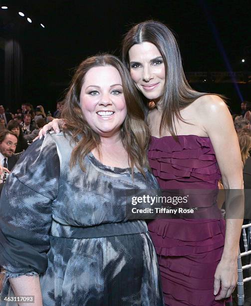 Actors Melissa McCarthy and Sandra Bullock with Champagne Nicolas Feuillatte at the 19th Annual Critics' Choice Movie Awards at Barker Hangar on...