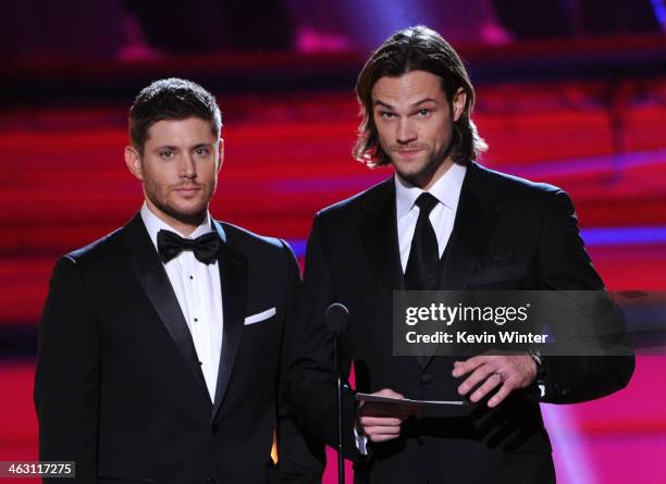 Actors Jared Padalecki and Jensen Ackles speak onstage during the 19th Annual Critics' Choice Movie Awards at Barker Hangar on January 16, 2014 in...