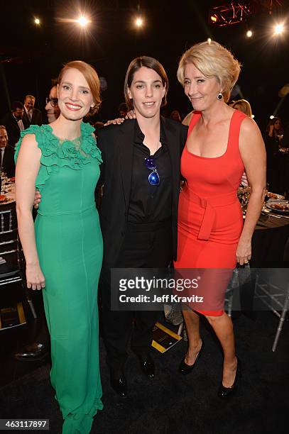 Actress Jessica Chastain, producer Megan Ellison, and actress Emma Thompson attend the 19th Annual Critics' Choice Movie Awards at Barker Hangar on...