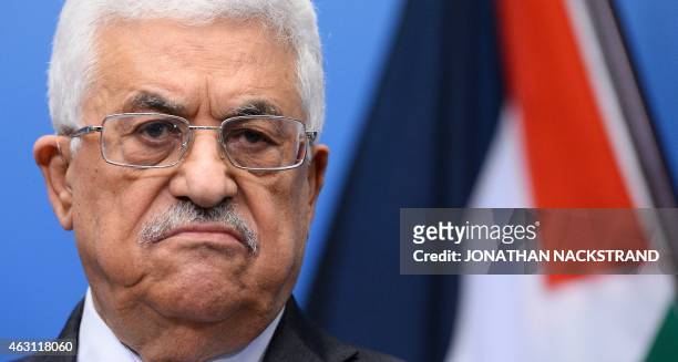 Palestinian president Mahmoud Abbas holds a joint press conference with Prime Minister of Sweden in the Bella Venezia room at the Rosenbad government...